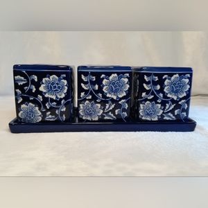 Blue and White Ceramic Herb Tray with Pots, Set of 3